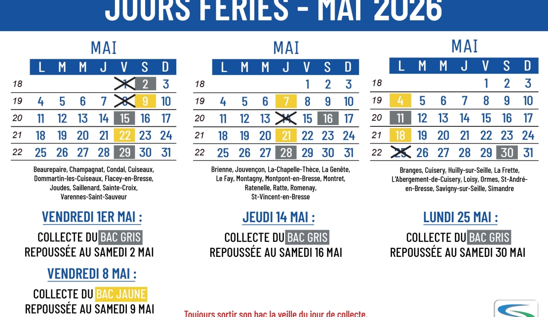 Jours fériés collectes repoussées - mai 2026